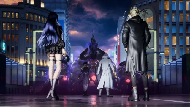 夜の東京の街で未知の魔物と対峙する戦士たち。