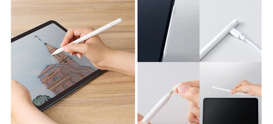 iPad用タッチペンの使用風景、ワイヤレス充電、ケーブル充電、ペン先交換の様子