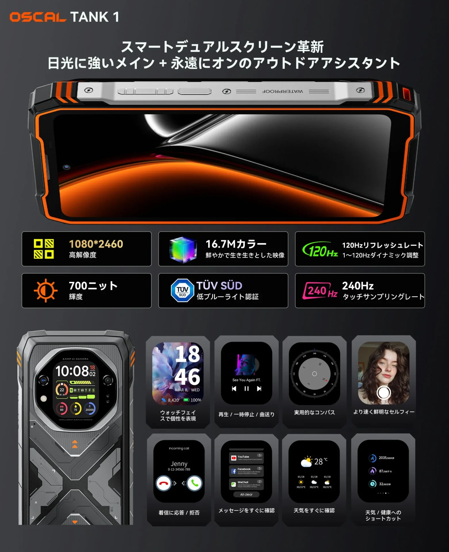 OSCAL TANK 1のメインディスプレイと背面セカンダリスクリーンの機能を示すUI画面