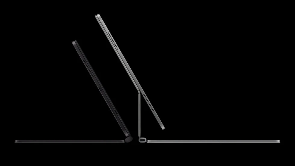 Magic Keyboardに装着されたM5チップ搭載iPad Proを側面から見た薄型デザイン