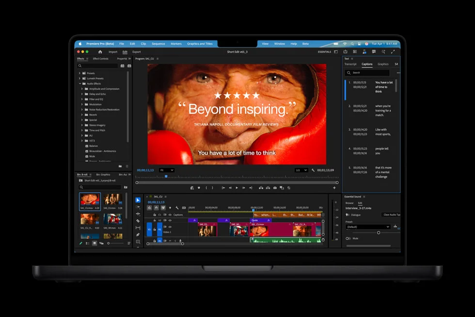Adobe Premiere Proで4Kビデオ編集を行う14インチMacBook Proの画面