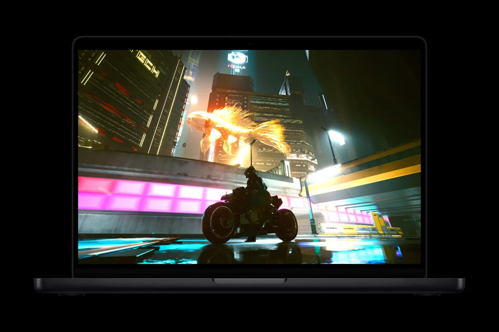 サイバーパンク2077をプレイする14インチMacBook Proのゲーム画面