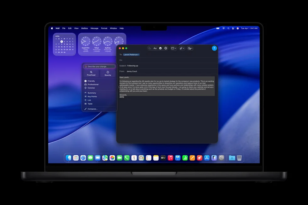 Apple Intelligenceの作文ツールでメールを書き直す画面