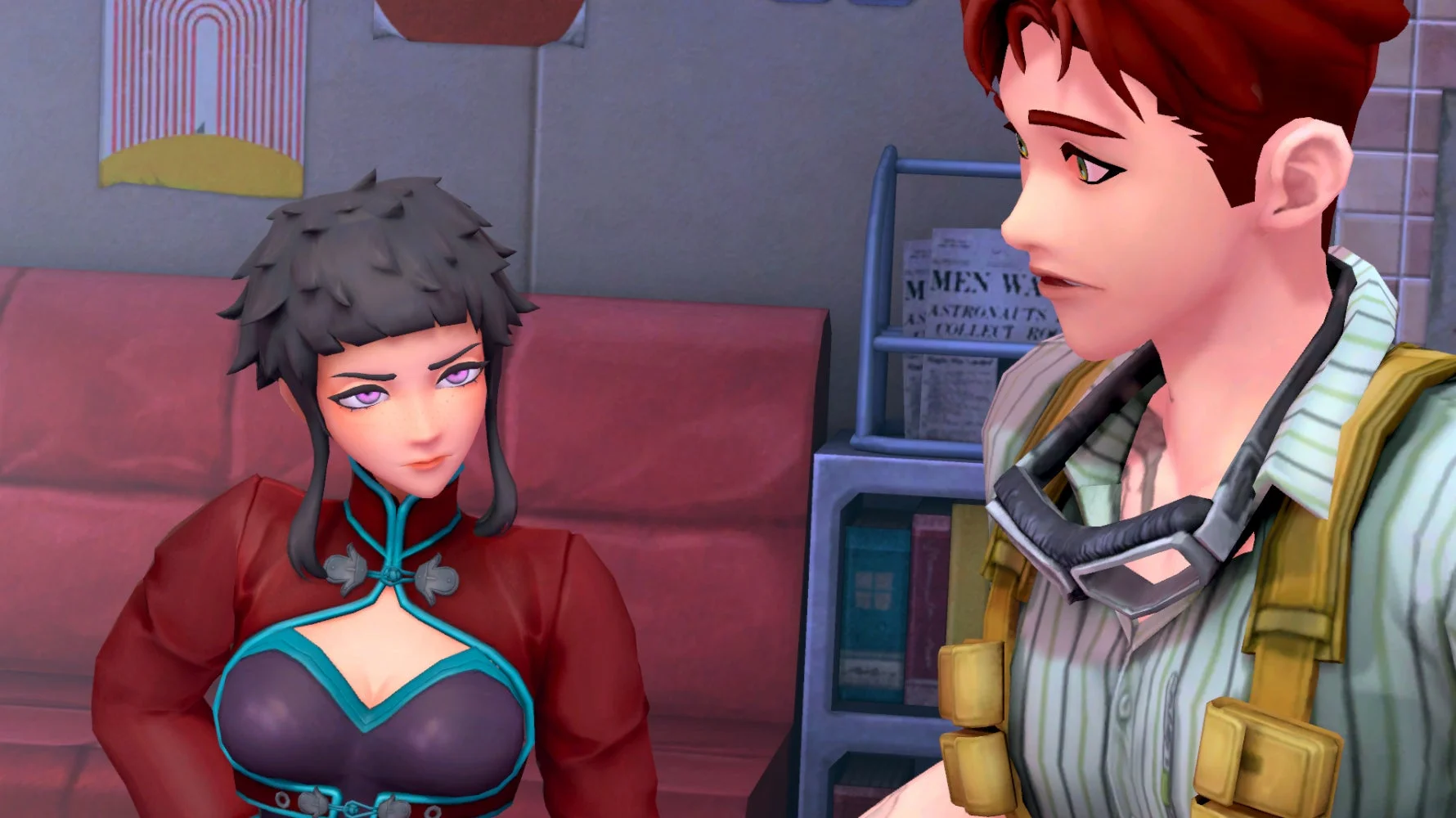 女性と男性キャラクターが会話するゲーム画面