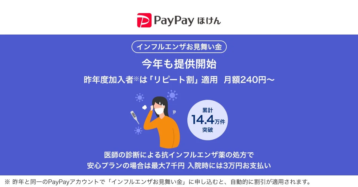 「PayPayほけん」がインフルエンザお見舞い金の提供を再開！　リピート割で月額240円から