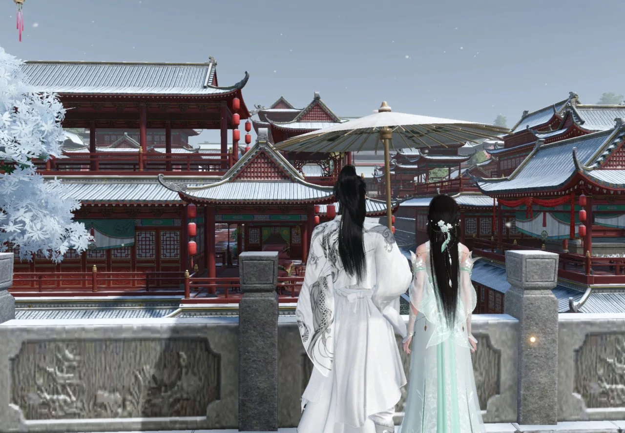 美しい雪の街を見渡す 2 人のキャラクター