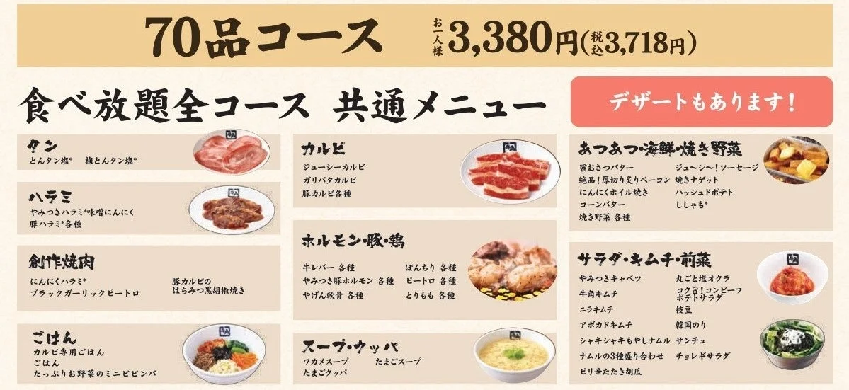 70品コースと食べ放題全コース共通メニュー