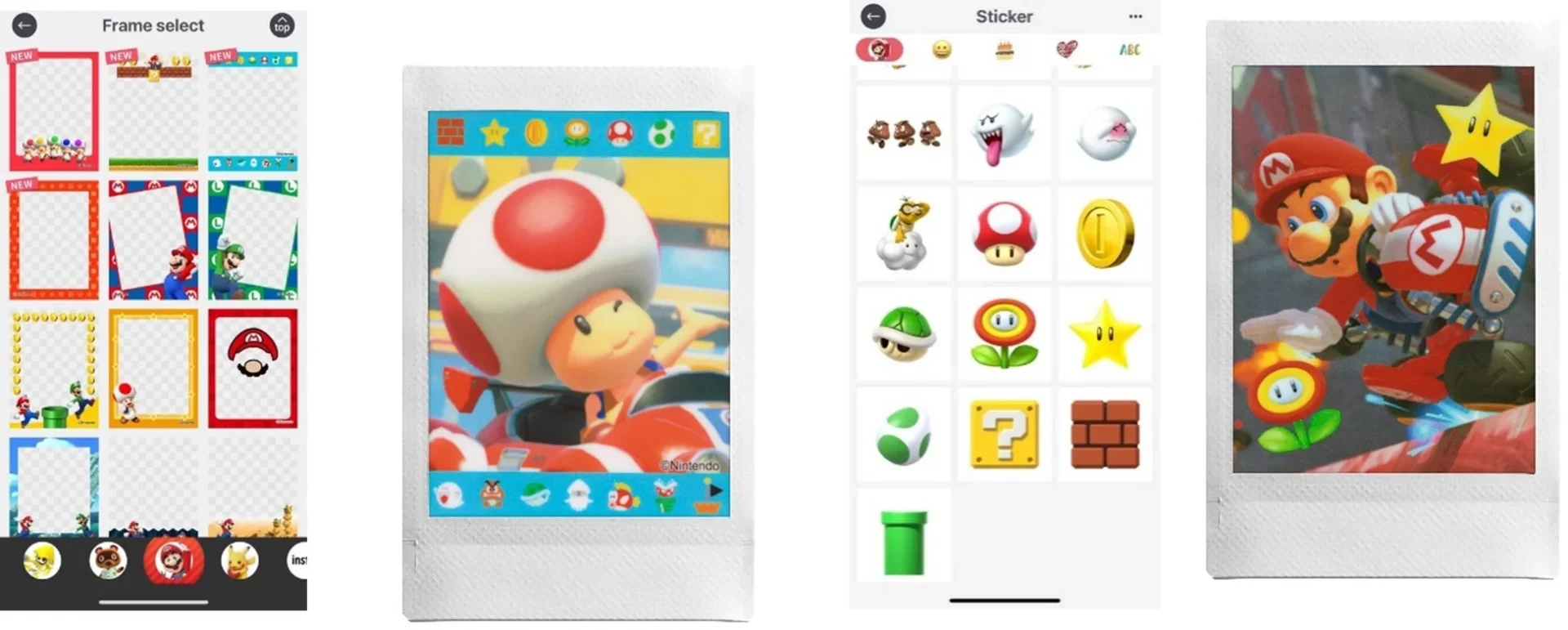 instax mini Linkアプリのスーパーマリオフレームとステッカーの選択画面