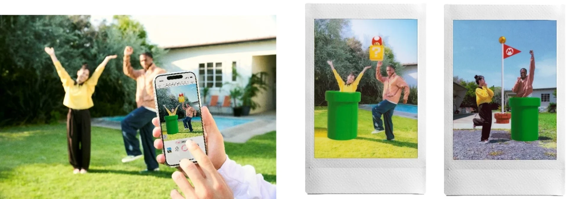 instax AiR Studio機能でスーパーマリオの土管やハテナブロックのエフェクトを使い撮影・プリントする様子