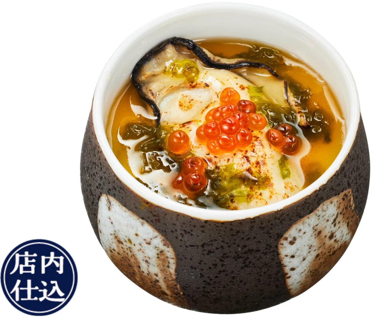 かっぱ寿司の「瀬戸内海産 蒸し牡蠣といくら あおさ餡茶碗蒸し」。