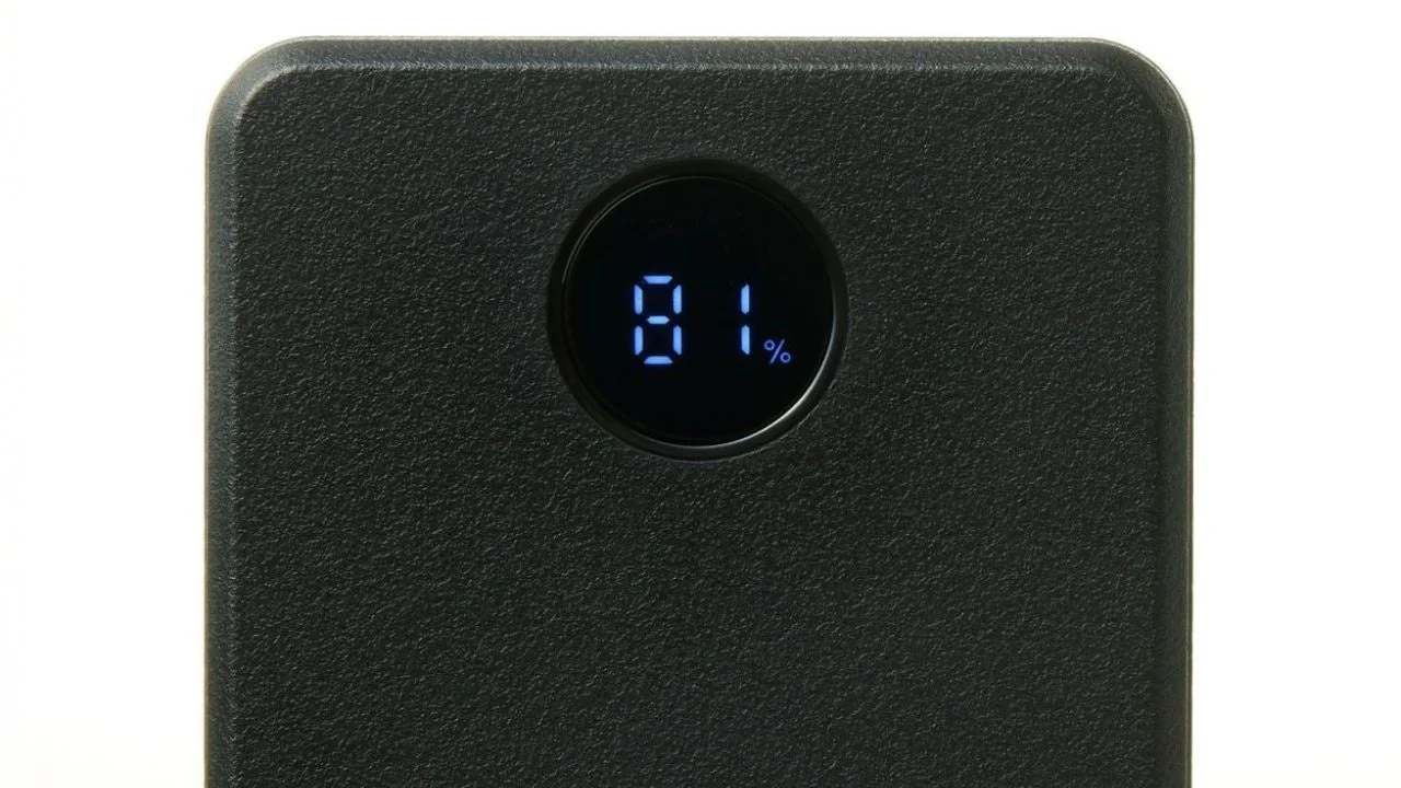 エレコムモバイルバッテリーのLEDパネルにバッテリー残量81%が表示されている様子