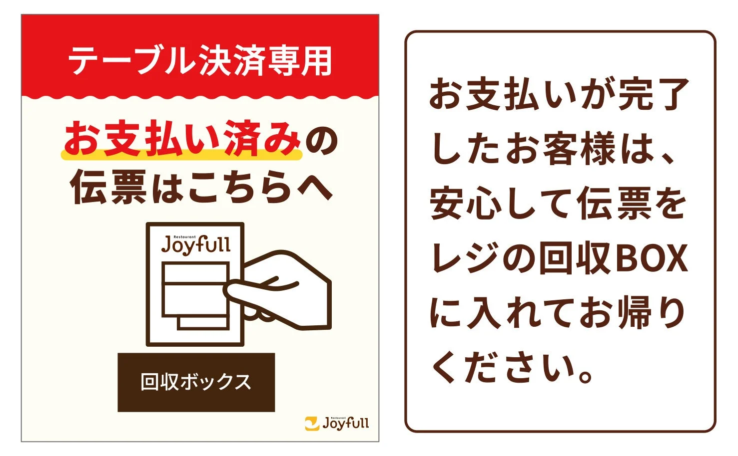 ジョイフルテーブル決済後の伝票回収BOXの案内