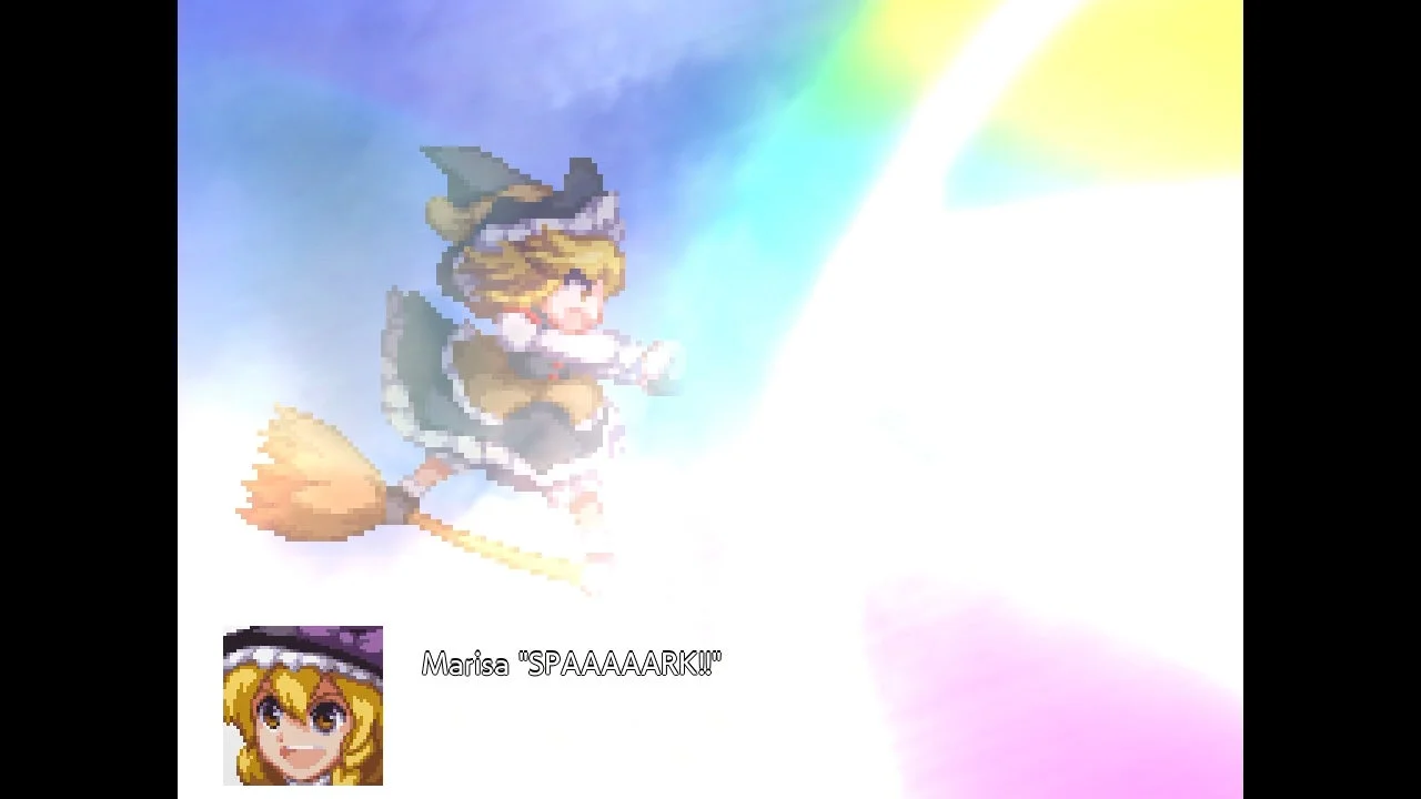 ゲーム中の戦闘アニメーションで、魔理沙が「SPAAARK!」と叫びながら攻撃するシーン