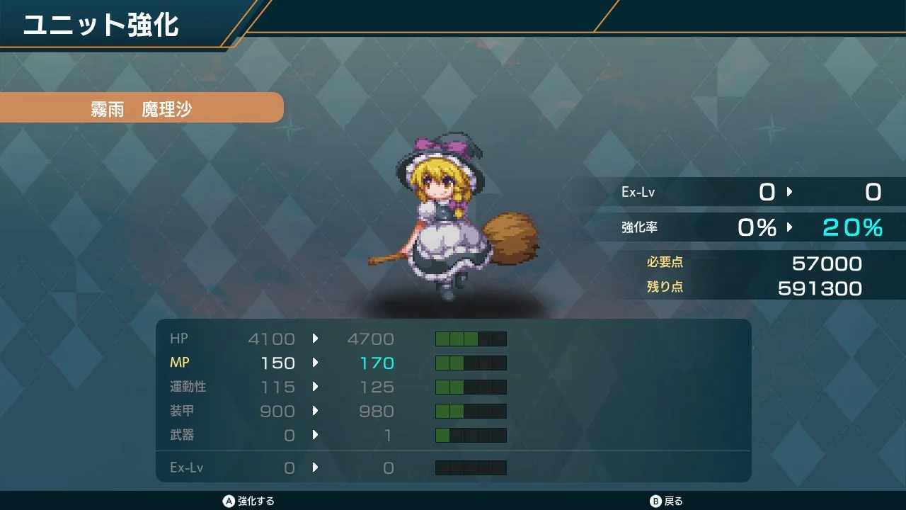 ゲームのユニット強化画面で、霧雨魔理沙のステータスが強化されている様子