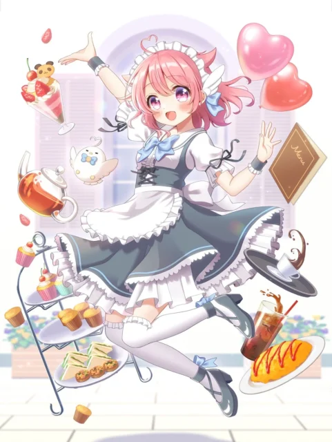 メイド服姿で飛び跳ねる小鳥遊こばとの全身イラスト。周りにスイーツやドリンク。