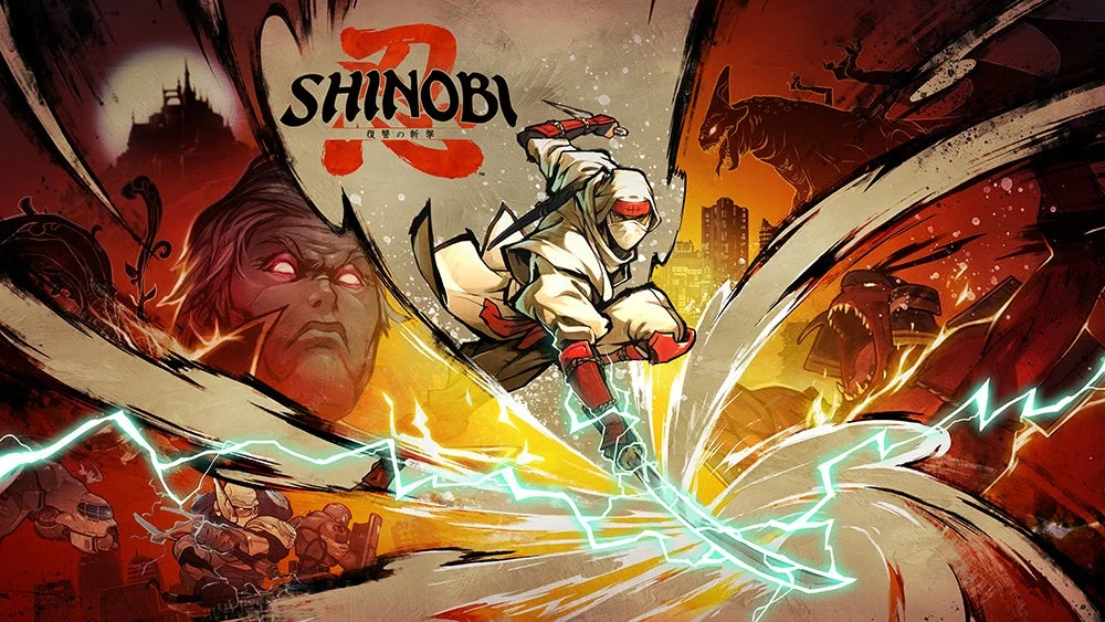 新作忍者アクション『SHINOBI 復讐の斬撃』のタイトルロゴと主人公のビジュアル。