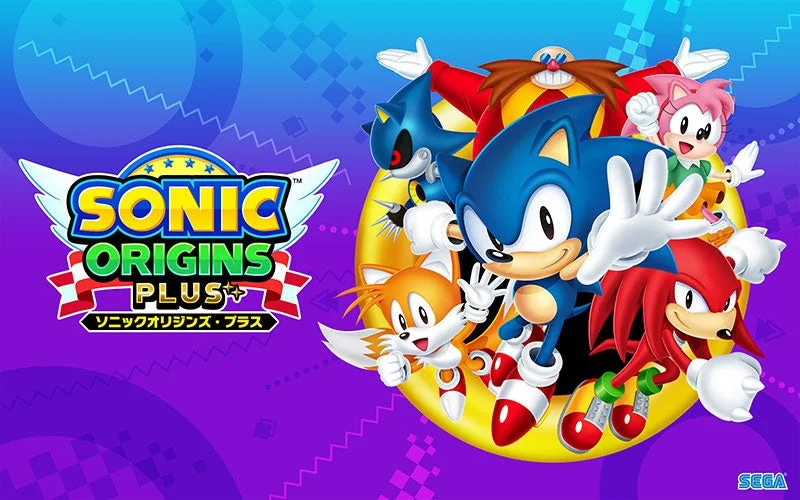 『ソニックオリジンズ・プラス』のタイトルロゴとソニック、テイルス、エミーなどのキャラクター。