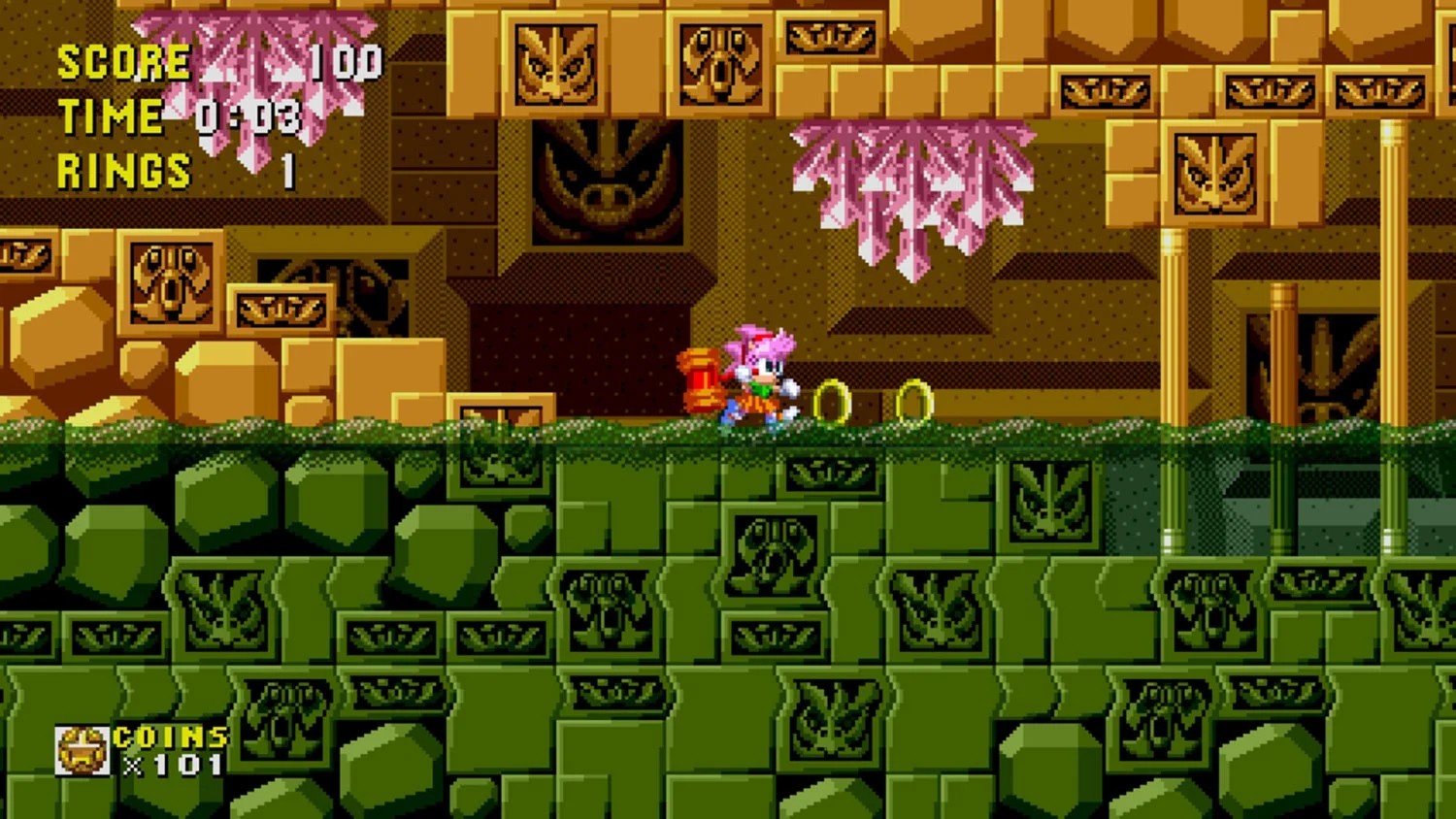 『ソニックオリジンズ・プラス』のゲームギアタイトルの一つとみられる横スクロールアクションのプレイ画面。