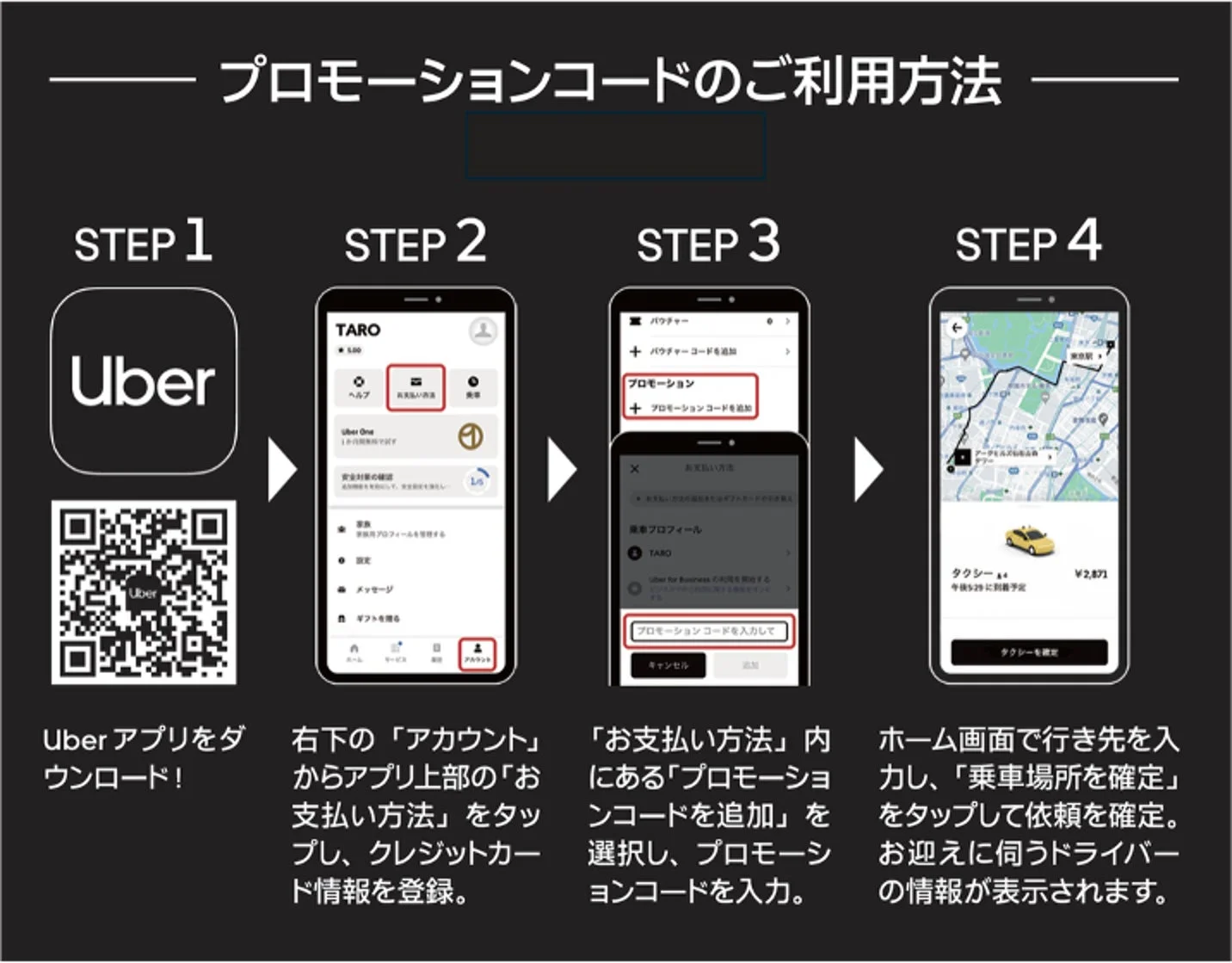 Uber Taxiプロモーションコードの利用方法を説明するアプリ画面