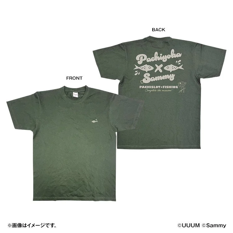 カーキ色のオリジナルコラボTシャツの表裏デザイン