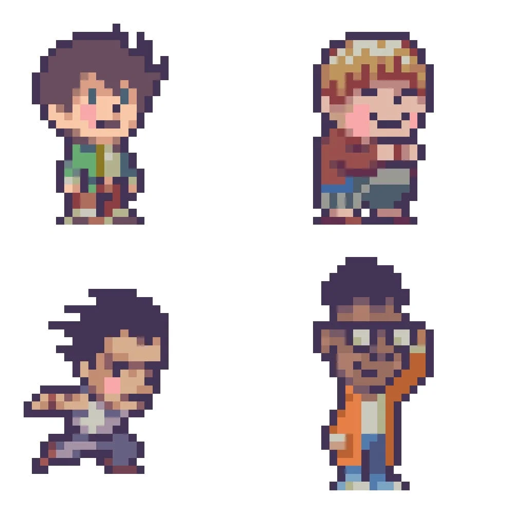 ゲームの操作可能キャラクター、ショーン、フーディ、ブルース、ドクのドット絵イラスト。