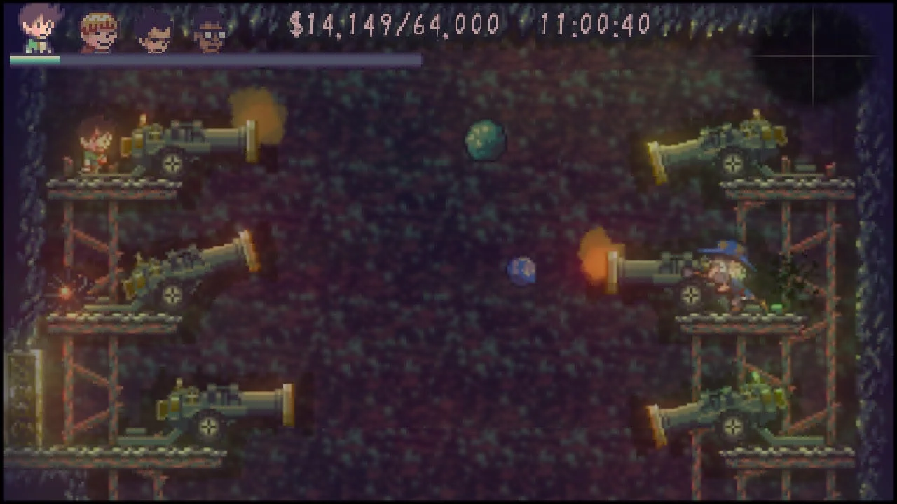 ゲーム画面。地下ステージで大砲を避けながら進むキャラクターの様子。