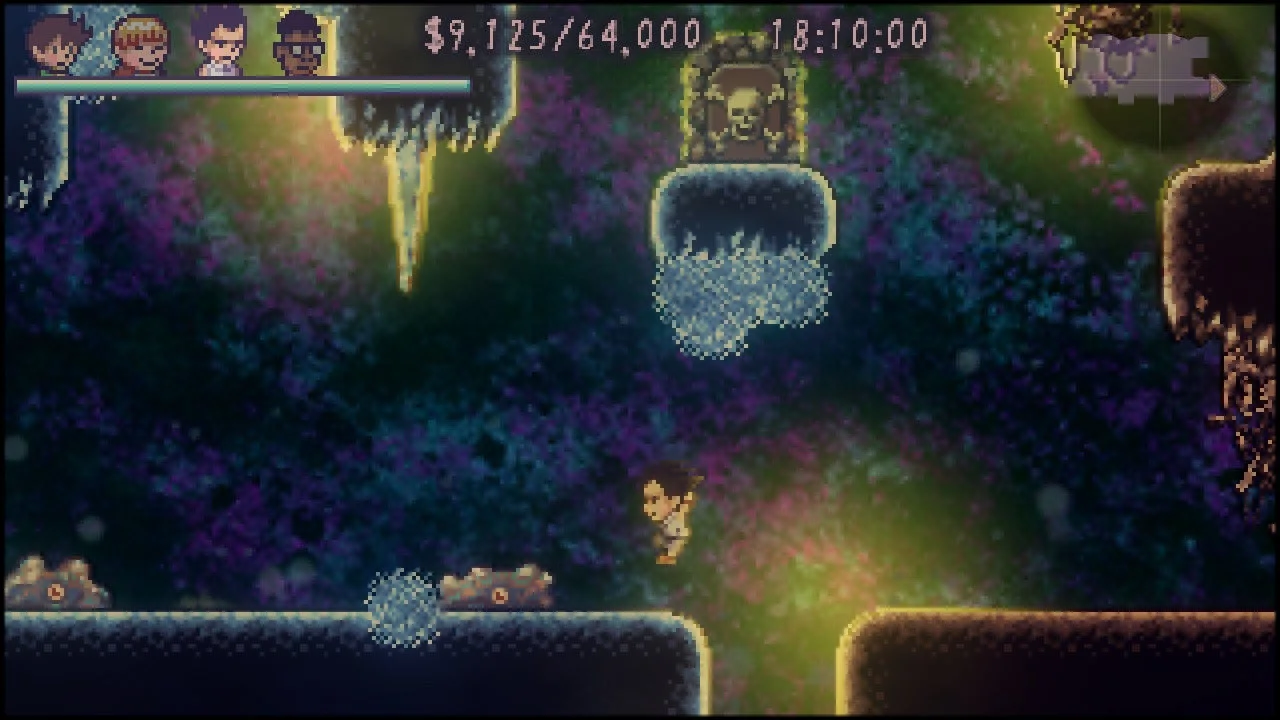 ゲーム画面。地下の洞窟でジャンプアクションを行うキャラクター。