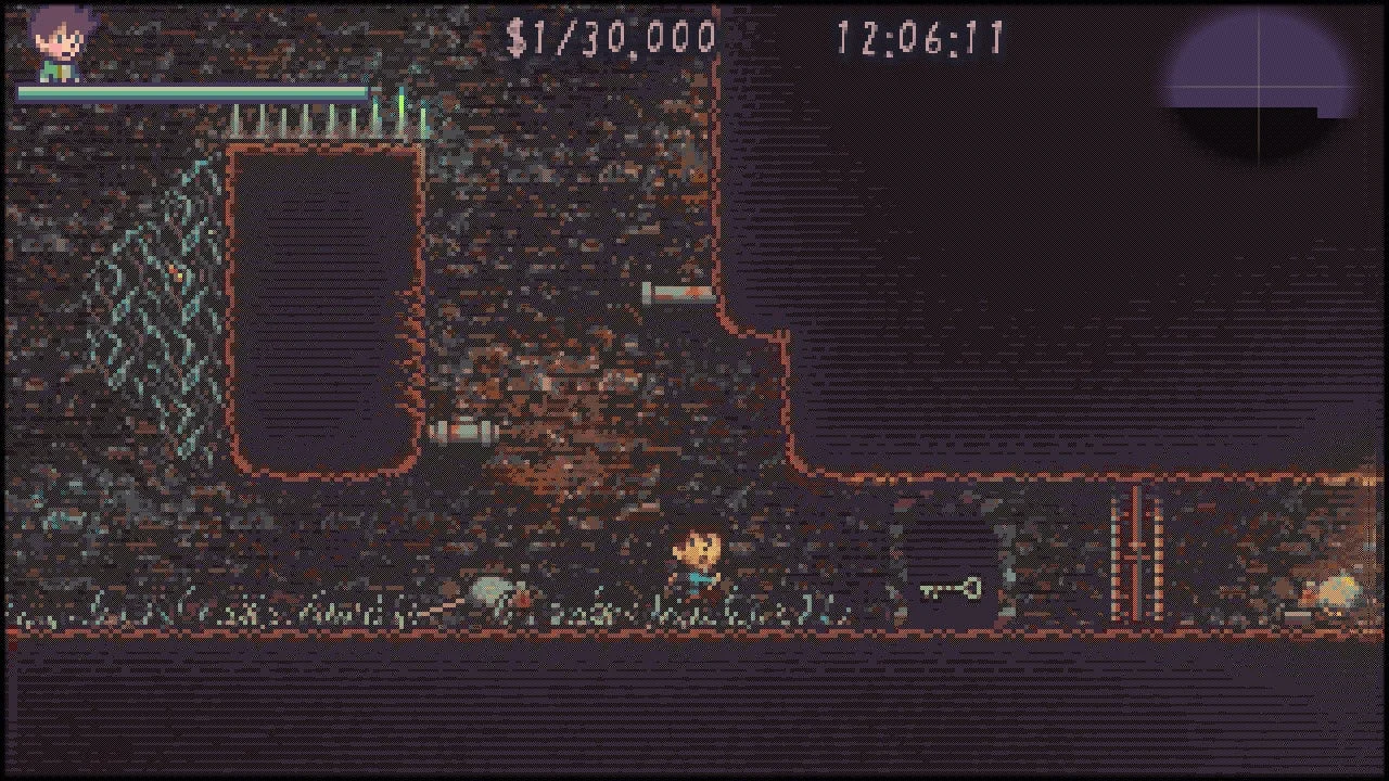 ゲーム画面。暗い地下通路でギミックを避けて進むキャラクター。