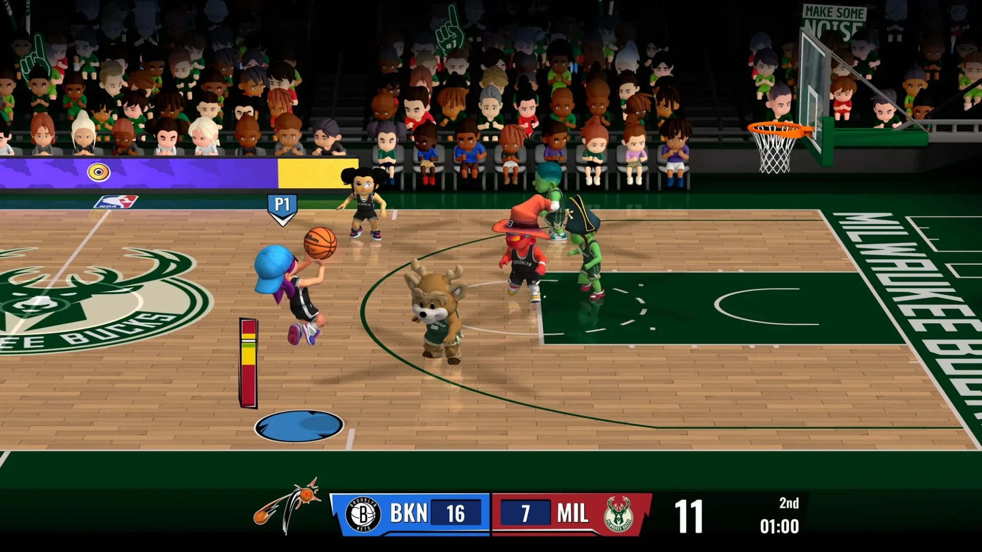 『NBA Bounce』ゲーム画面、マスコットがドリブル練習中
