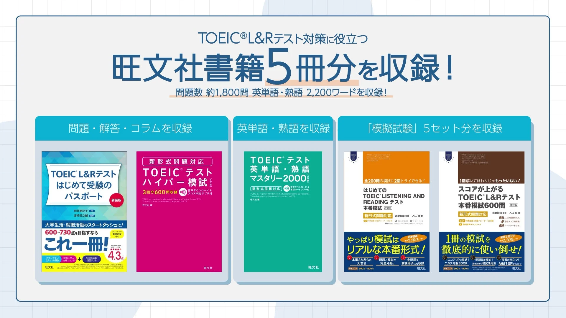 『毎日学習でステップアップ TOEIC® L&R テスト』に収録されている旺文社書籍5冊の表紙