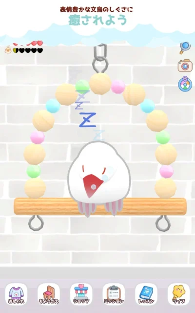おもちゃの上で眠る文鳥のゲーム画面