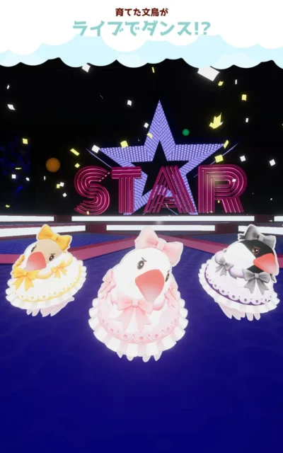 アイドル文鳥たちがステージで歌うライブ画面