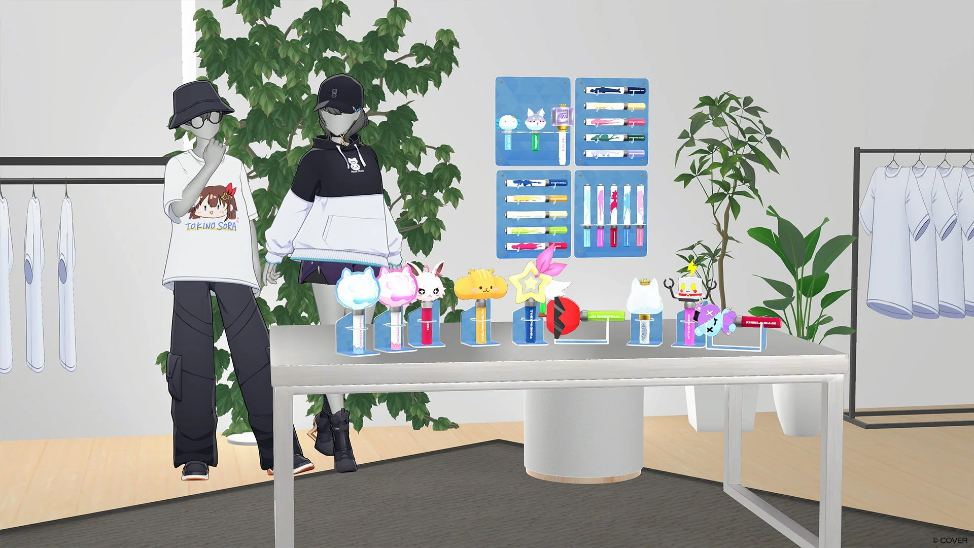 ペンライトスタンドと展示専用マネキンが並ぶ家具の展示風景
