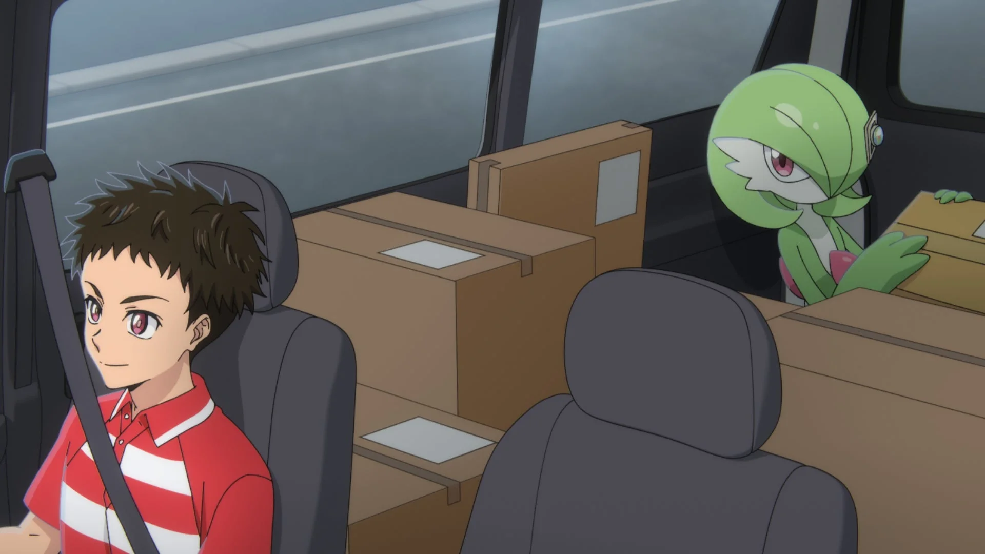 車で配達に向かうユウゴと荷物を積むサーナイト