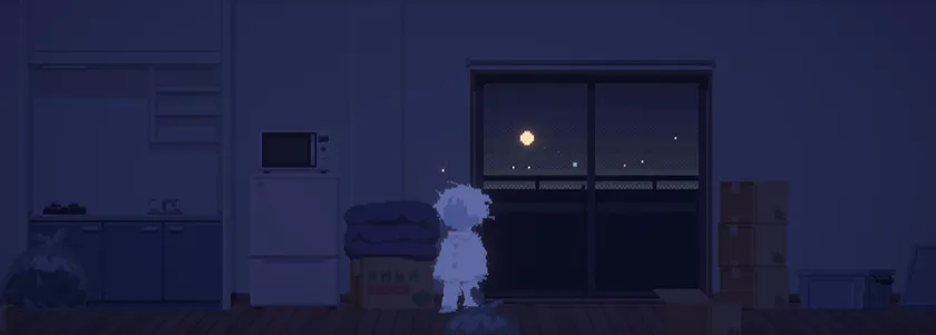 月光が差し込む部屋で佇むキャラクターのゲーム画面