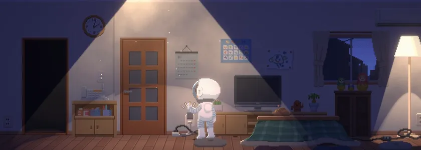 宇宙飛行士が部屋でアイテムを調べるゲーム画面