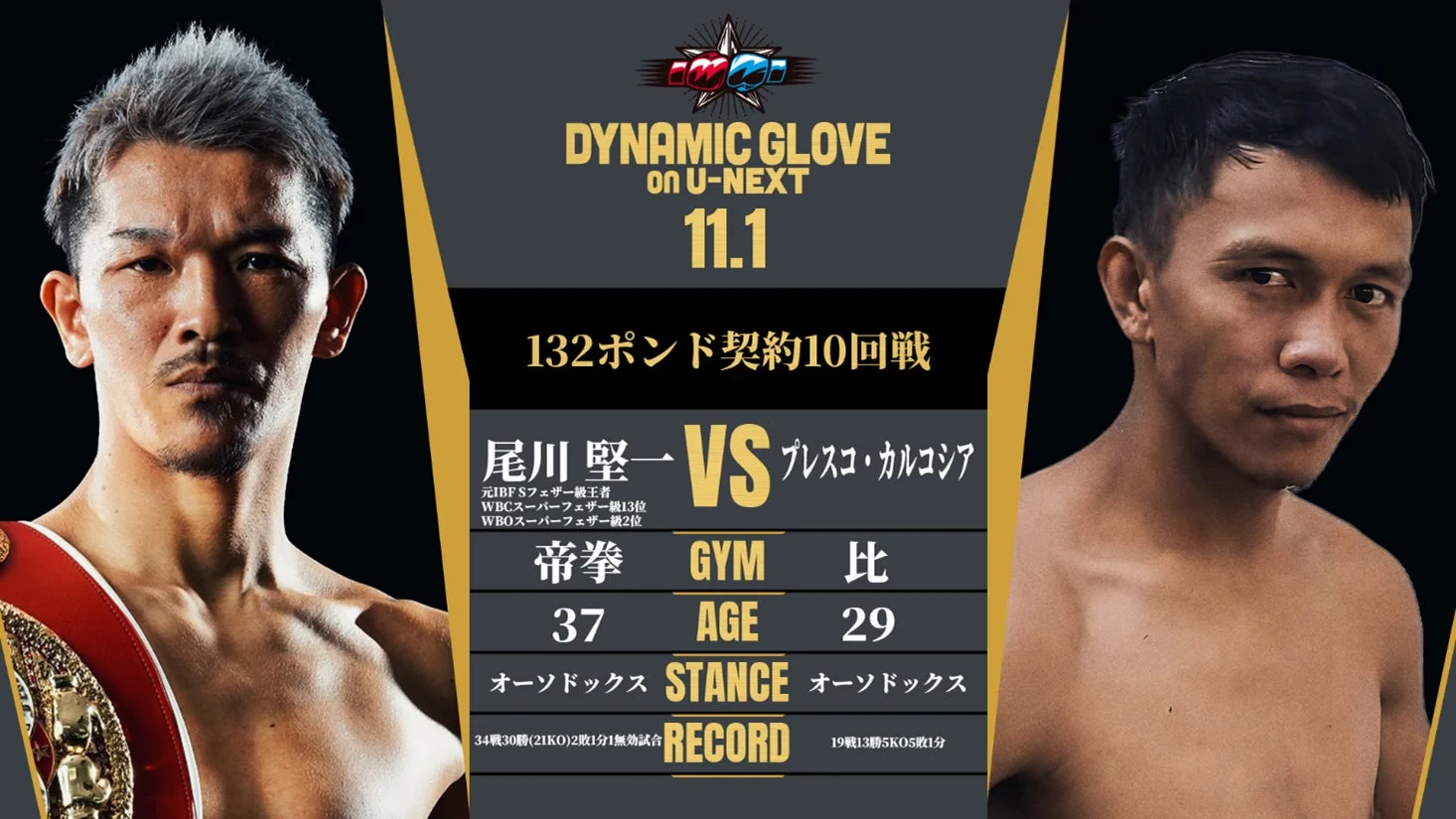 元世界王者・尾川堅一選手とプレスコ・カルコシア選手の対戦カード詳細