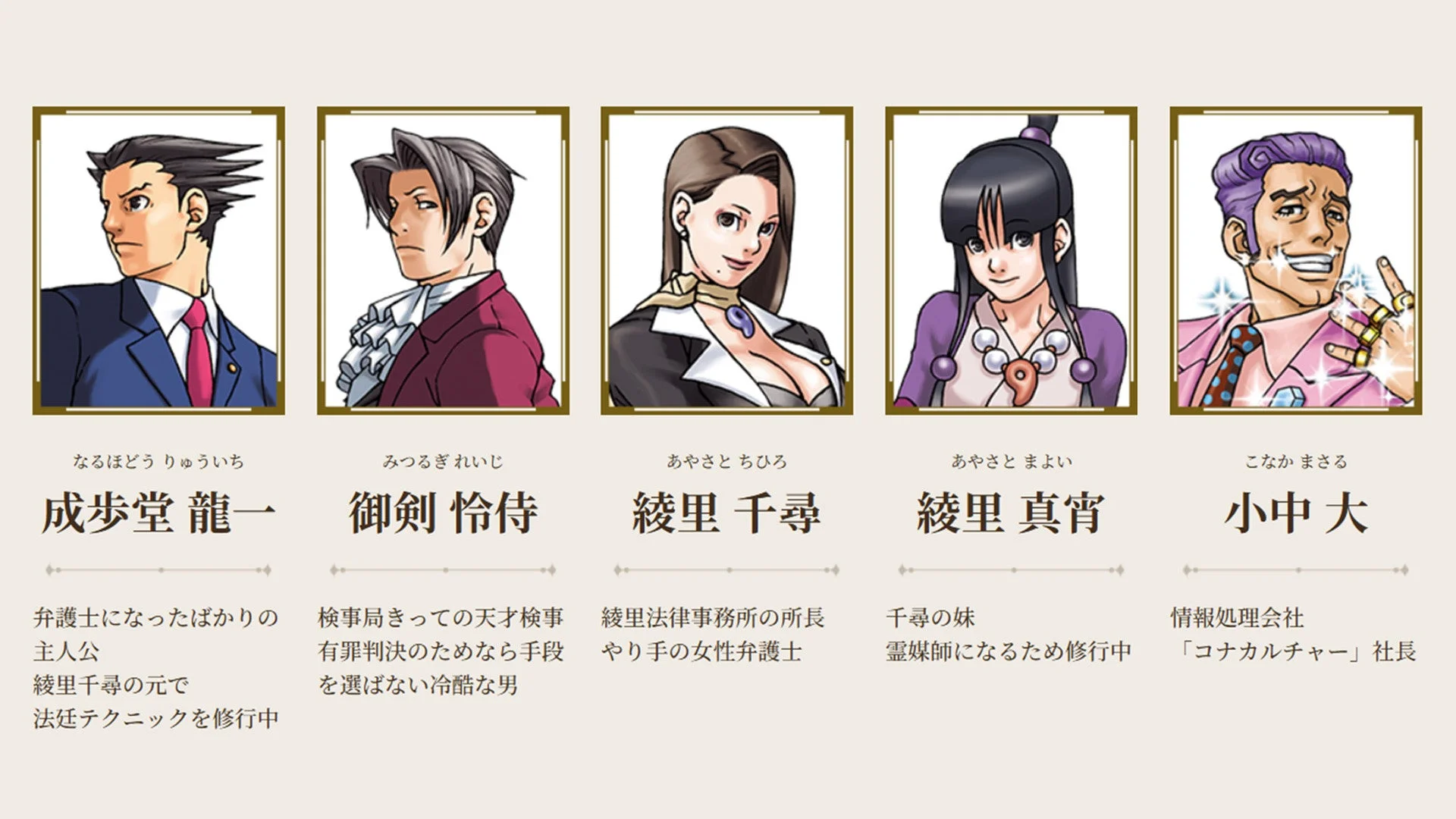 朗読劇「逆転裁判」に登場する主要キャラクター、成歩堂龍一、御剣怜侍、綾里千尋、綾里真宵、小中大のイラストと役柄説明。