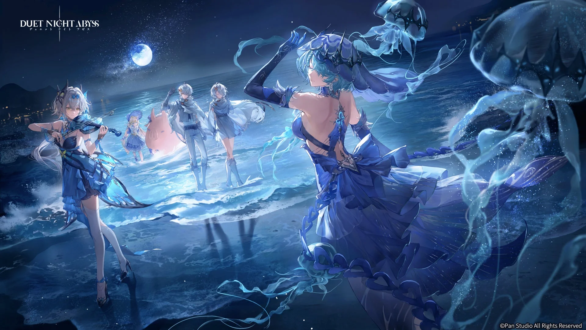 複数のキャラクターが水辺に佇む美しいゲーム内ビジュアル