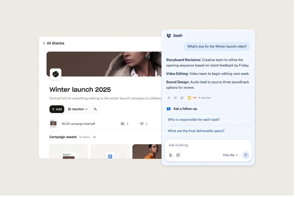 Dropbox DashのStack機能でプロジェクトを整理しAIが回答する画面