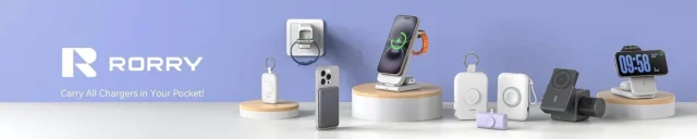 RORRYのロゴと多数の充電アイテムが並ぶブランドイメージバナー