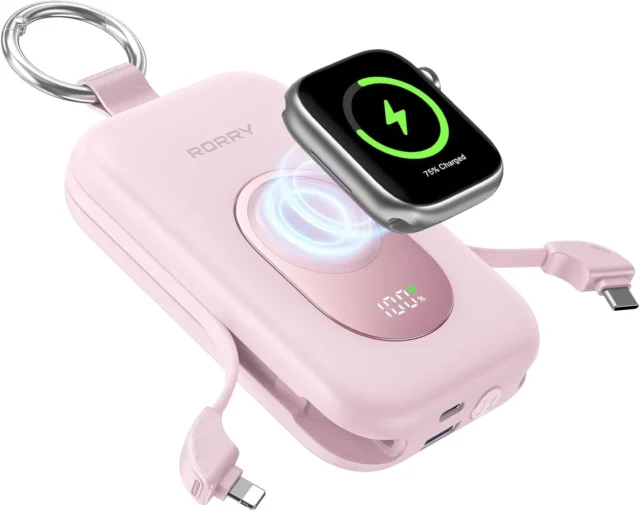 RORRY D2-20000 ピンク色のモバイルバッテリーとApple Watchの充電イメージ
