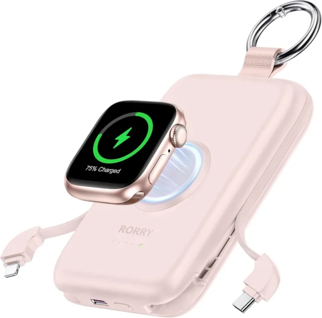 RORRY D2-10000 ピンク色のモバイルバッテリーとApple Watchの充電イメージ