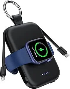 RORRY D2-5000 黒色のモバイルバッテリーとApple Watchの充電イメージ