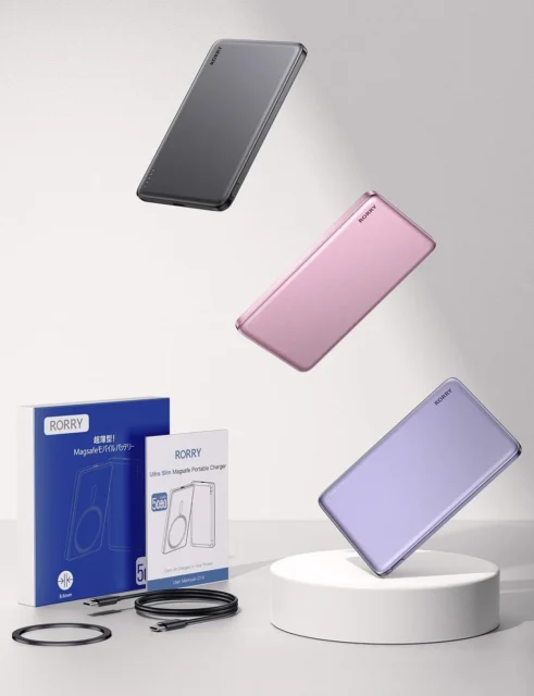 RORRY D14 超薄型モバイルバッテリーのピンク、パープル、ブラックの製品群