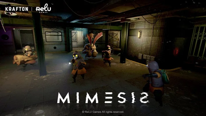 『MIMESIS』ゲームプレイ画面。薄暗い室内で探索するプレイヤーと敵。