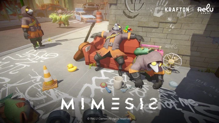 『MIMESIS』ゲームプレイ画面。屋外でキャラクターたちが待機するシーン。