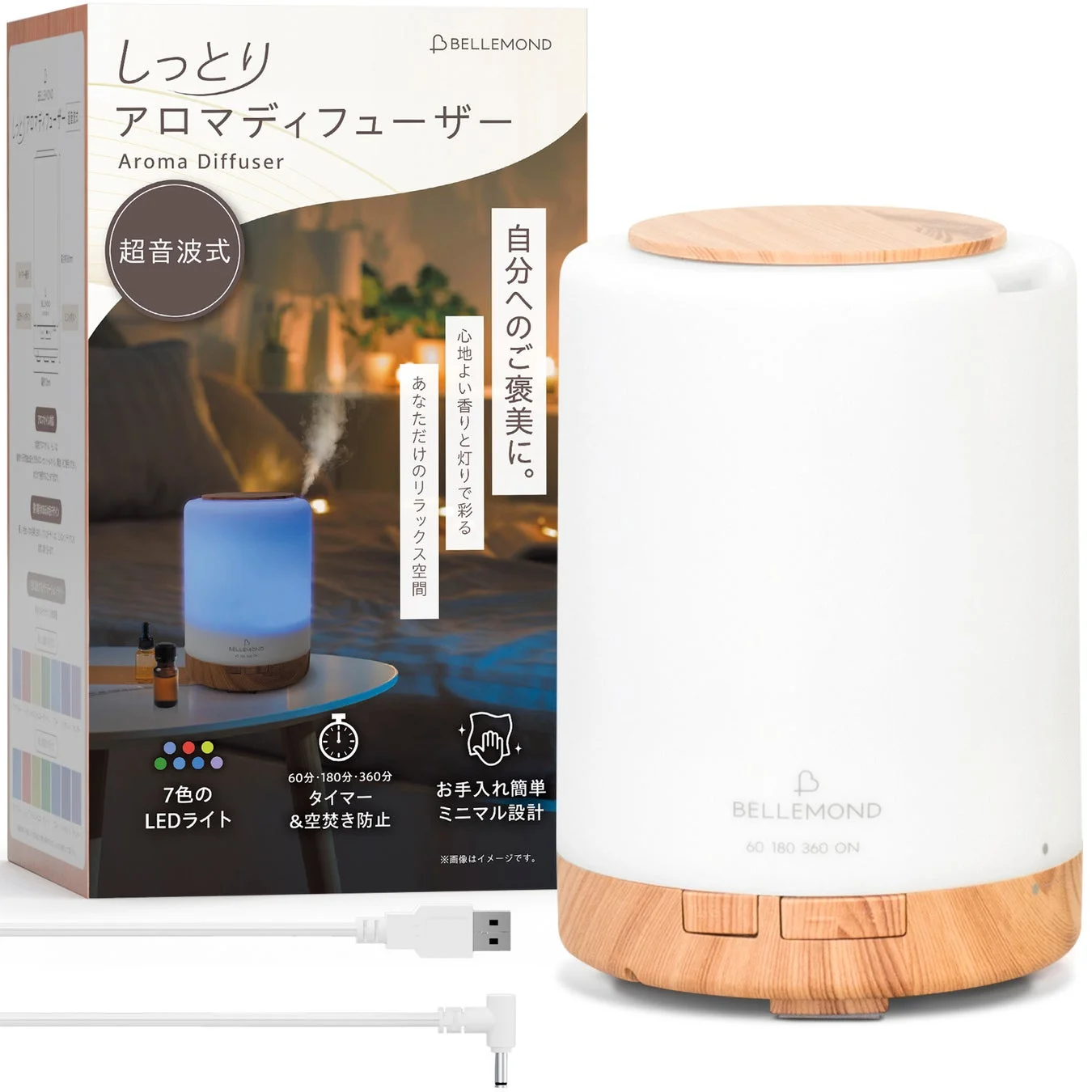 ミストタイプの「しっとりアロマディフューザー」と付属品