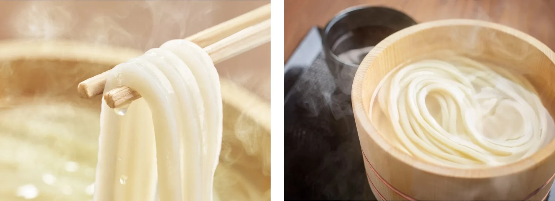 湯気立つ釜揚げうどんを箸で持ち上げる様子