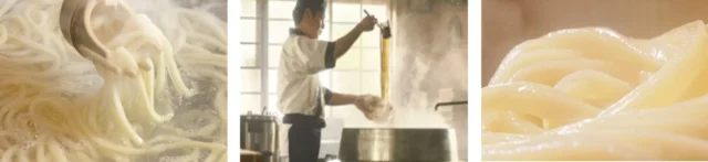 丸亀製麺のうどん作り風景と茹でたての麺